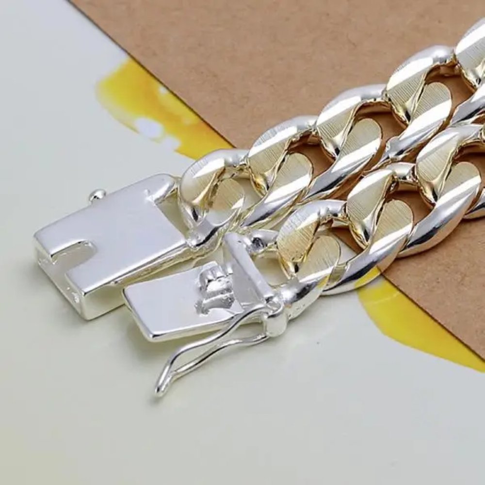 Heavy 2 Tone, 10mm Wide Cuban Miami Link Bracelet ,Stamped 925 Sterling Silver - Picture 4 of 7